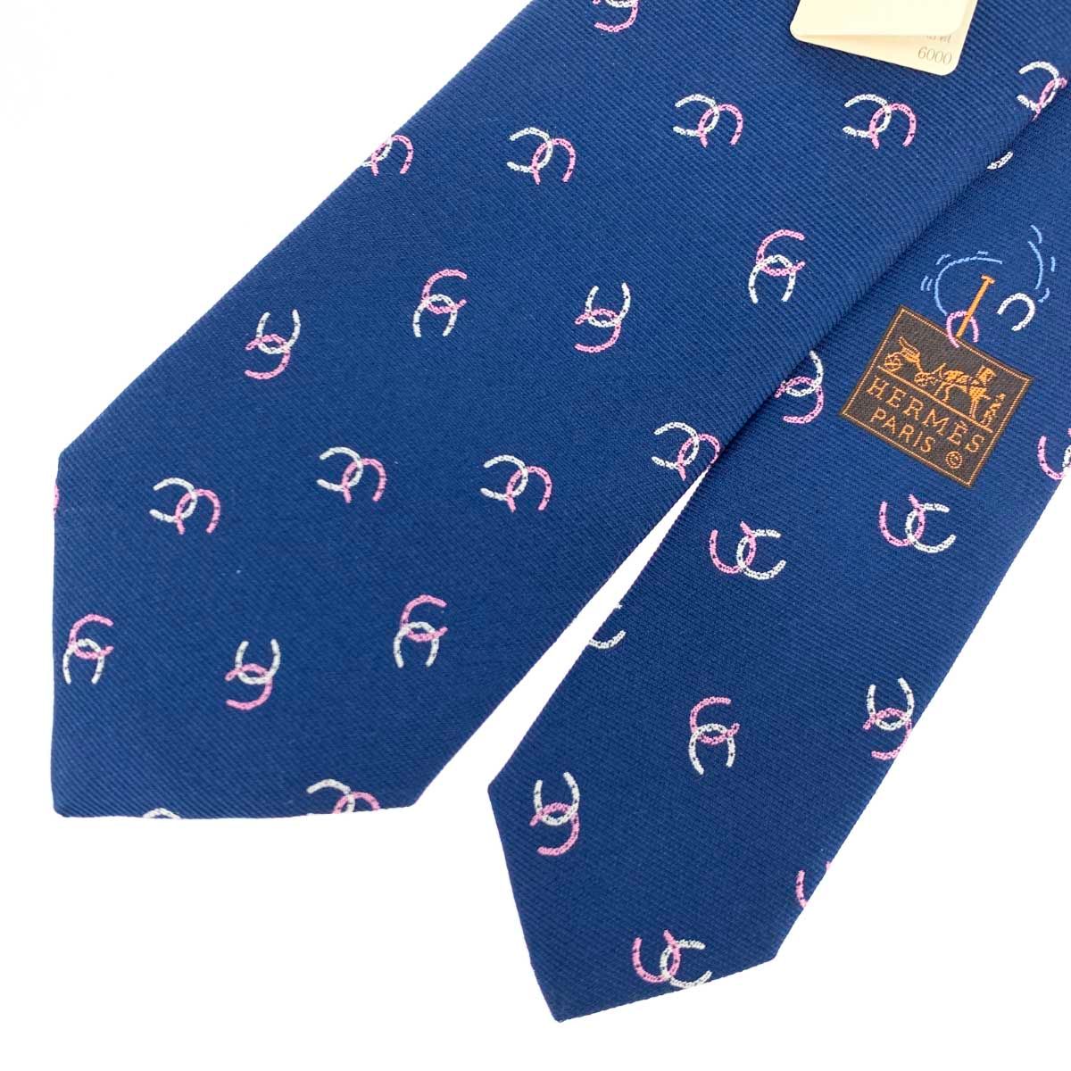 HERMES エルメス　ネクタイ　馬蹄　蹄　刺繍 エルメス馬蹄柄 マリン/ルージュ メンズ ネクタイ HERMES – 銀蔵