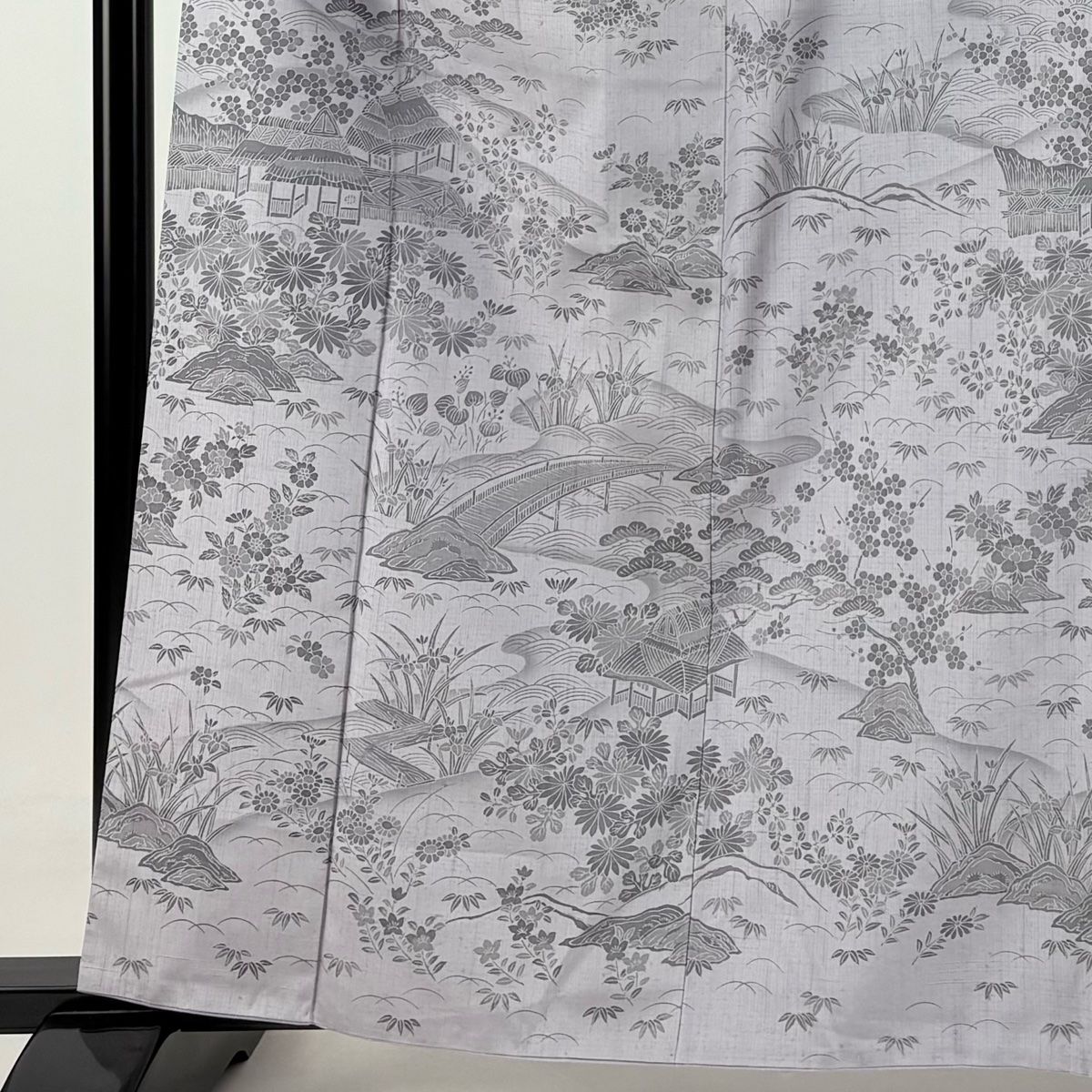 訪問着 身丈162cm 裄丈69.5cm L 袷 川村久太郎 紬地 落款 建物 松竹梅 灰紫 正絹