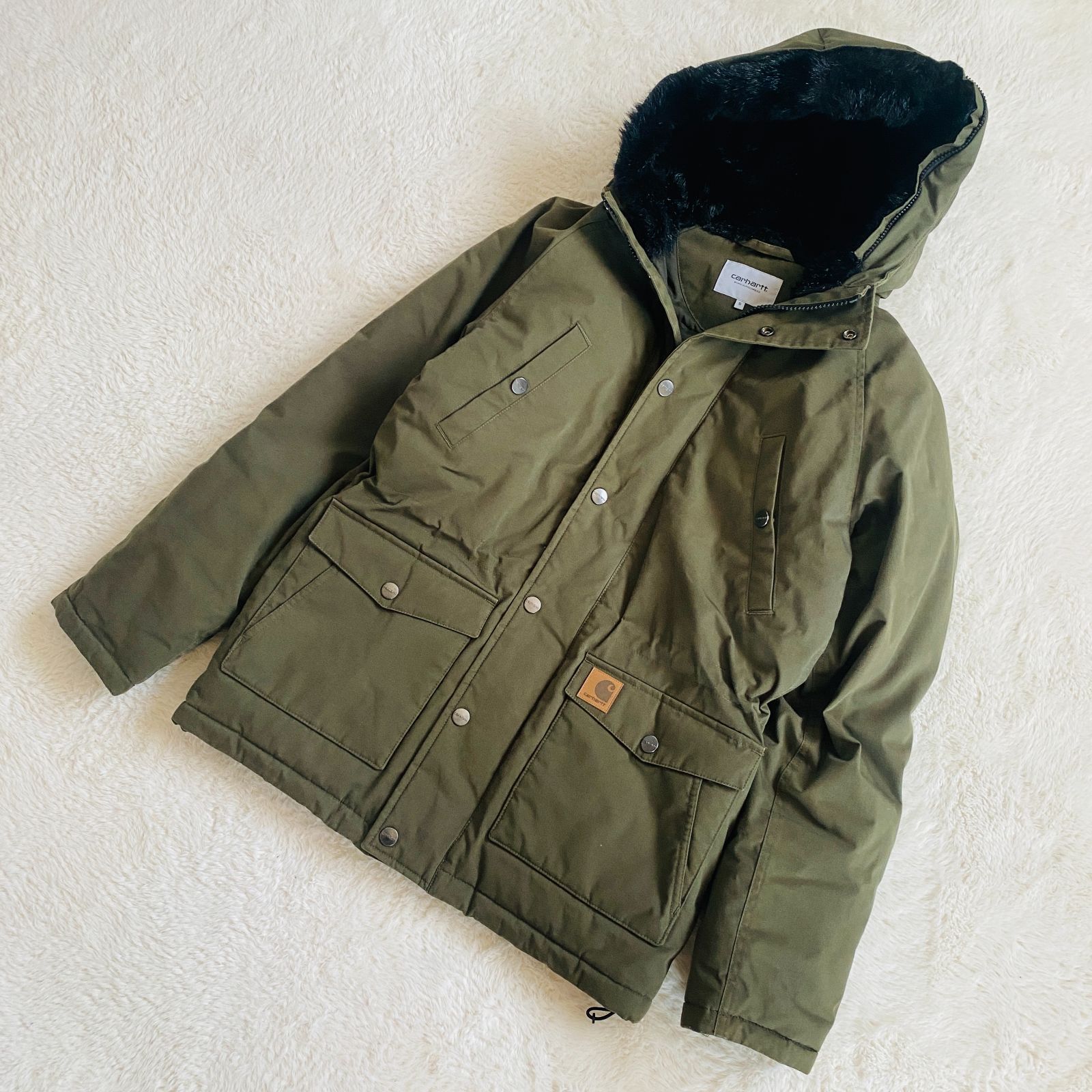 Carhartt WIP カーハート ダウン ファー ジャケット カーキ 緑 ウエスト ゴム ポケット ワークインプログレス トラッパー コーデュラ  carhartt work in progress マウンテンパーカー ナイロン アウトドア 680 - メルカリ