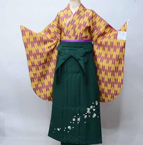 二尺袖 着物 袴フルセット ジュニア用へ直し 135～150cm 矢羽根柄 矢羽 赤色×オレンジ色 袴変更 NO42202-02