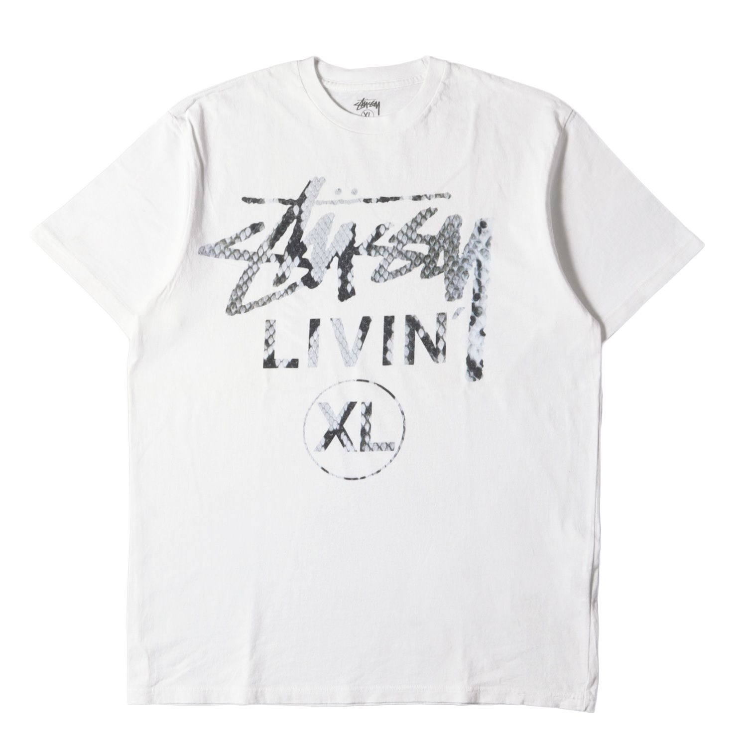 STUSSY ステューシー Tシャツ サイズ:XL ストックロゴ スネーク LIVINロゴ クルーネック 半袖Tシャツ ホワイト 白 トップス カットソー【メンズ】