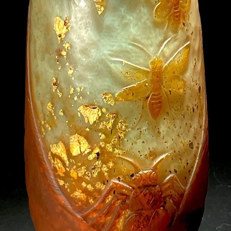鑑定書付 ドーム・ナンシー 蜂と葉文花瓶 花器 Daum Nancy 昆虫 ガレ 一期一会の大銘品!！ドーム・ナンシー 蜂と葉文花瓶 花器 金彩 Daum