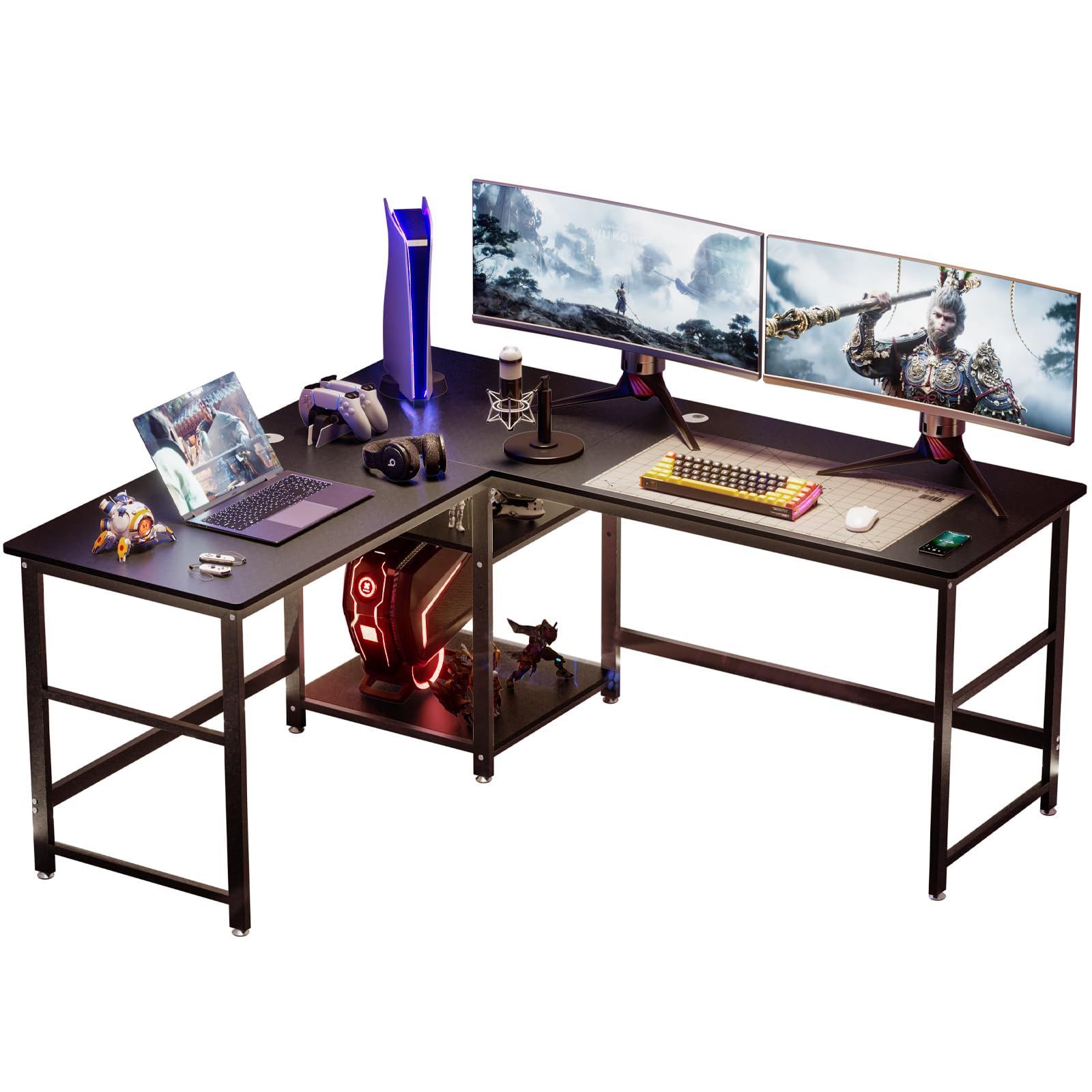 幅170 150cm パソコンデスク 奥行60cm 可動収納棚付き 超ワイドL字デスク オフィスデスク PCデスク ゲーミングデスク メラミン加工 グラつき防止 総耐荷重180kg コーナーデスク 4cmフレーム DEWEL テレワーク 木製 170 150X