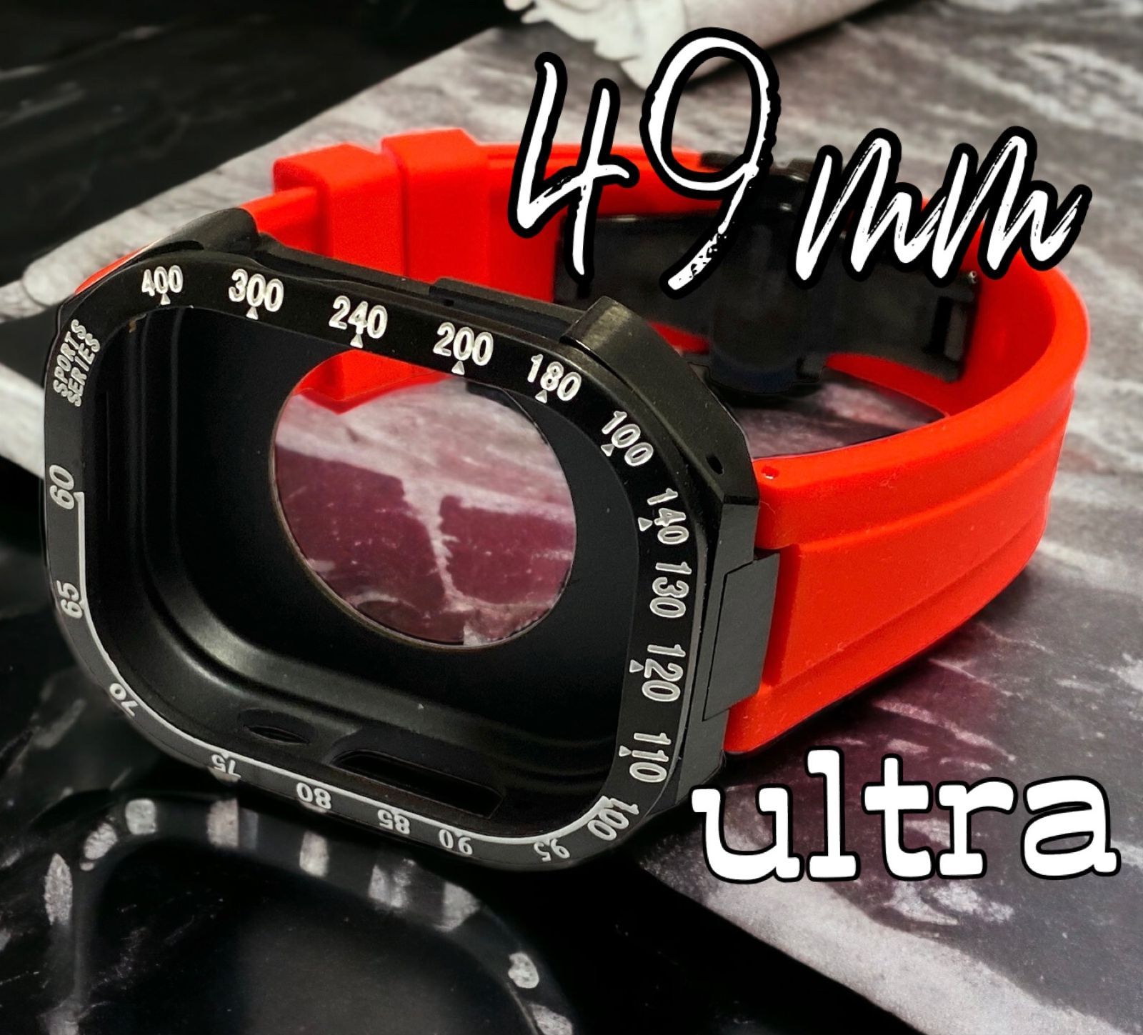 レッドブラック★アップルウォッチ　ウルトラ　49mm メタル　カバー　ケース　Apple Watch ultra 専用　49ミリ　ラバー　バンド　ベルト