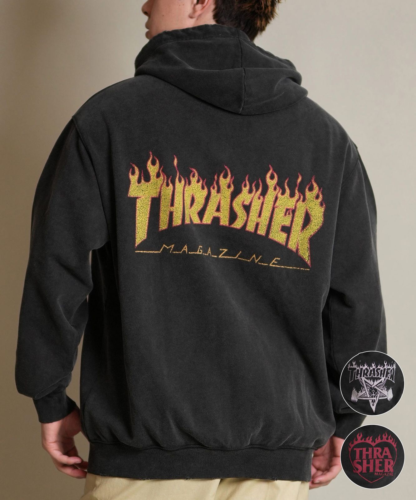 人気定番，お得 【ムラスポ公式】新品 THRASHER スラッシャー ジップアップ パーカー メンズ スウェット フーディー ロゴ バックプリント ピグメント加工 ミニ裏毛 254TH1PK070 パーカー
