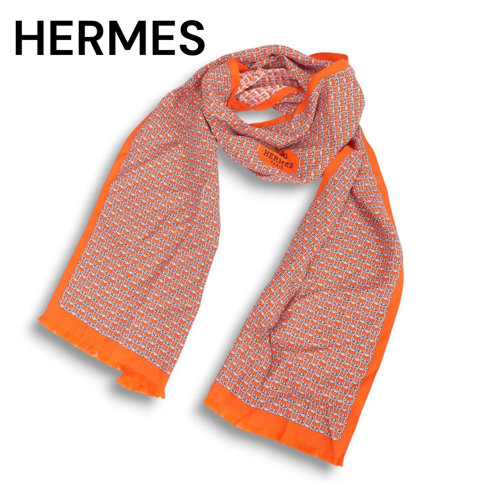 HERMES エルメス 通年 錨 鎖 総柄♪ シルク100% ロング スカーフ 