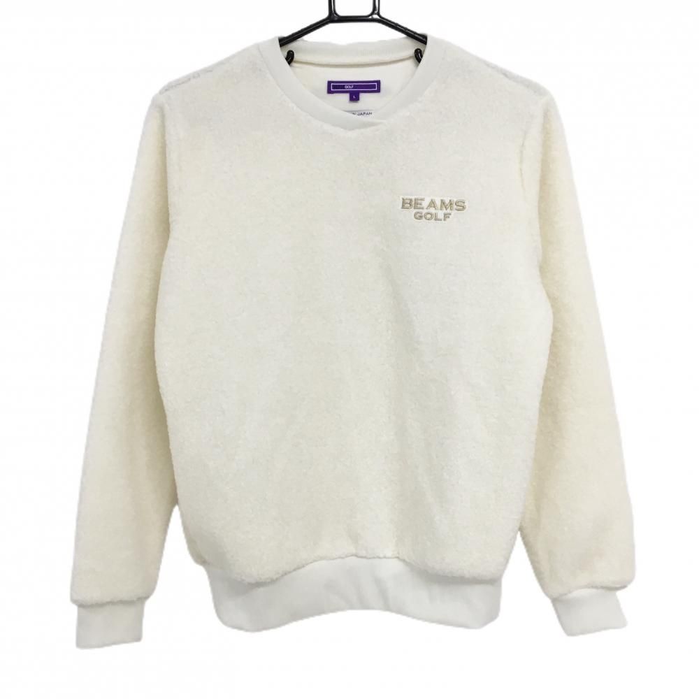 美品】ビームスゴルフ トレーナー アイボリー ボア ロゴゴールド プル  