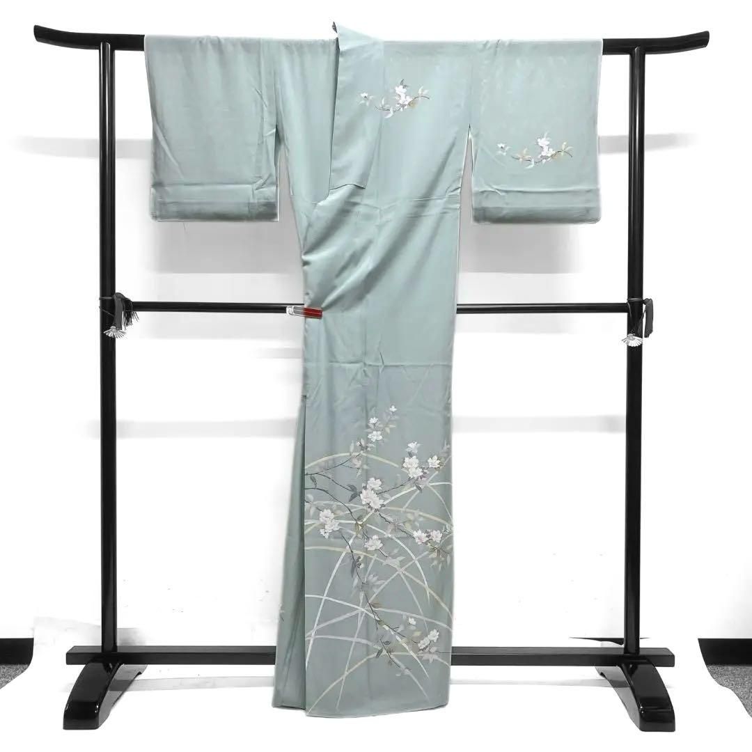 訪問着 夏用 絽 八重桜 芝草 ライトグリーン くすみカラー 着物