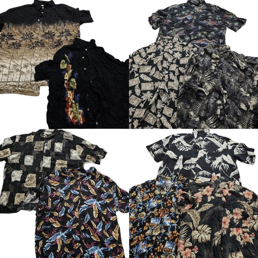 古着卸 黒ボディ アロハシャツ 半袖シャツ 10枚セット メンズ XL ホライズン ハイビスカス ヤシの木 古着 NA3205