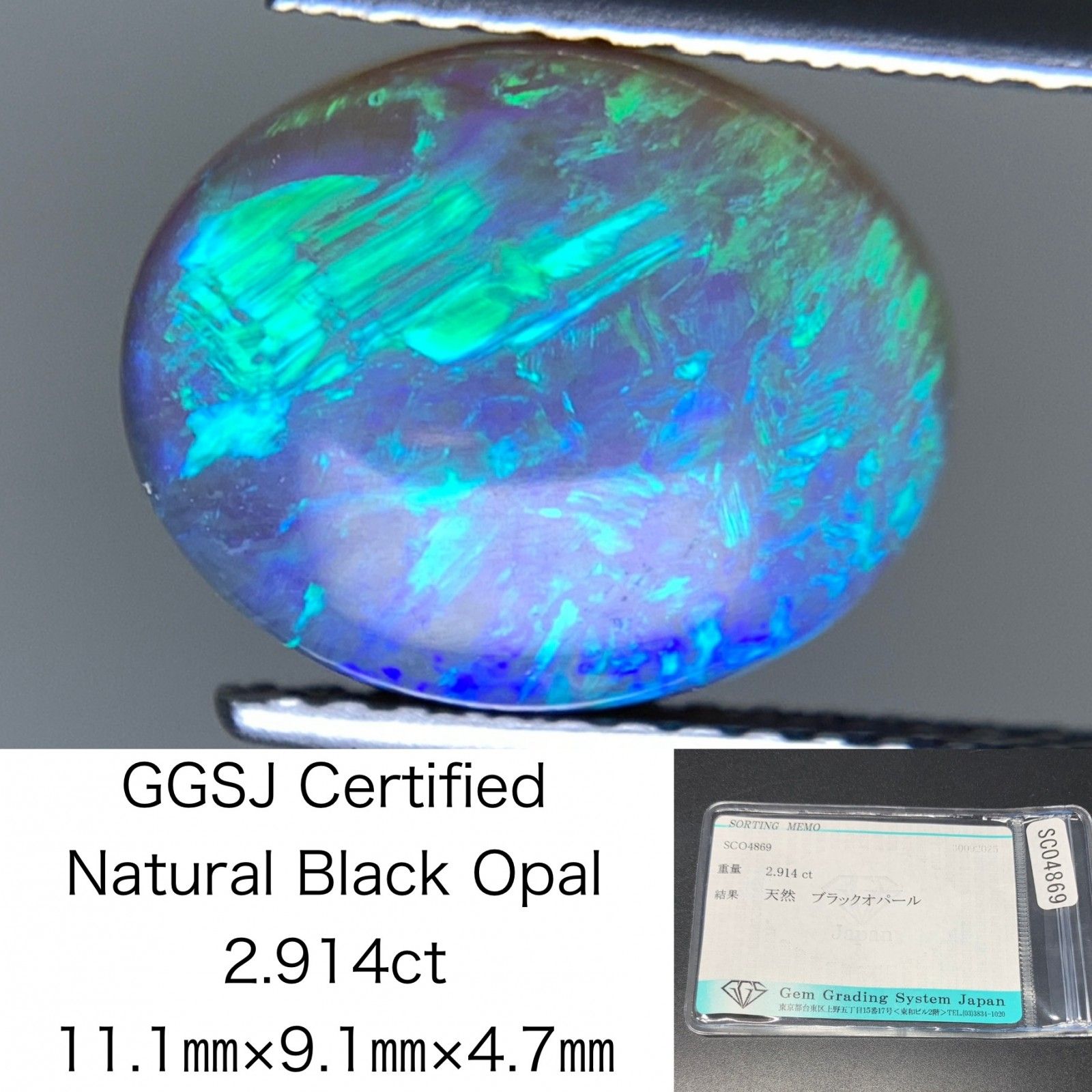 ブラックオパール 天然 2.914ct 宝石ソーティング付き 11.1㎜×9.1㎜×4.7㎜ ルース 裸石 6960Y