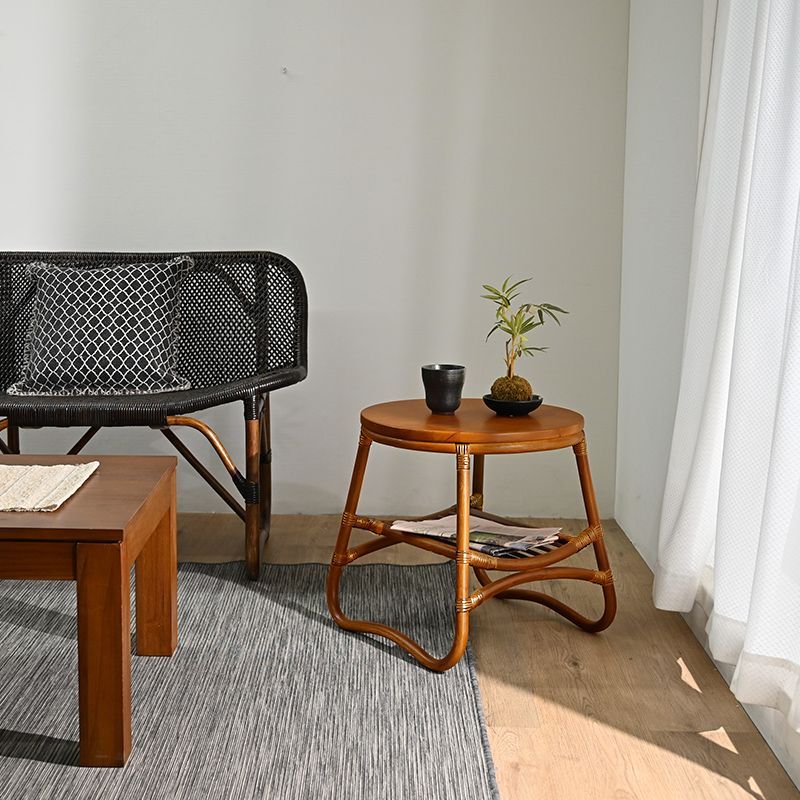 ◎ラタン 天然木 サイドテーブル 円形 ナイトテーブル コーヒー