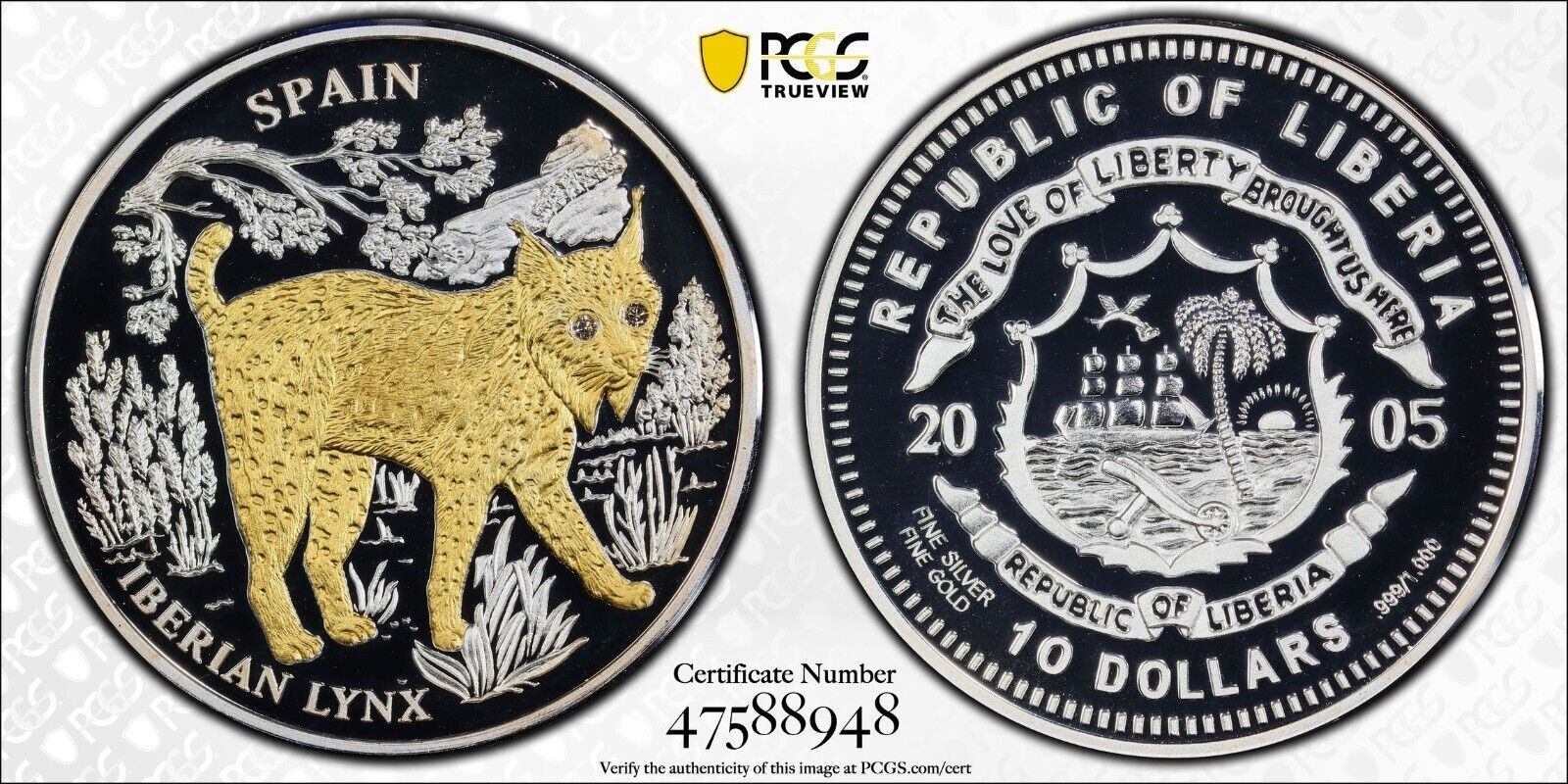 2005 $10 PROOF LIBERIA -IBERIAN SPAIN LYNX PCGS PR70 DCAM 47588948 TOP POP