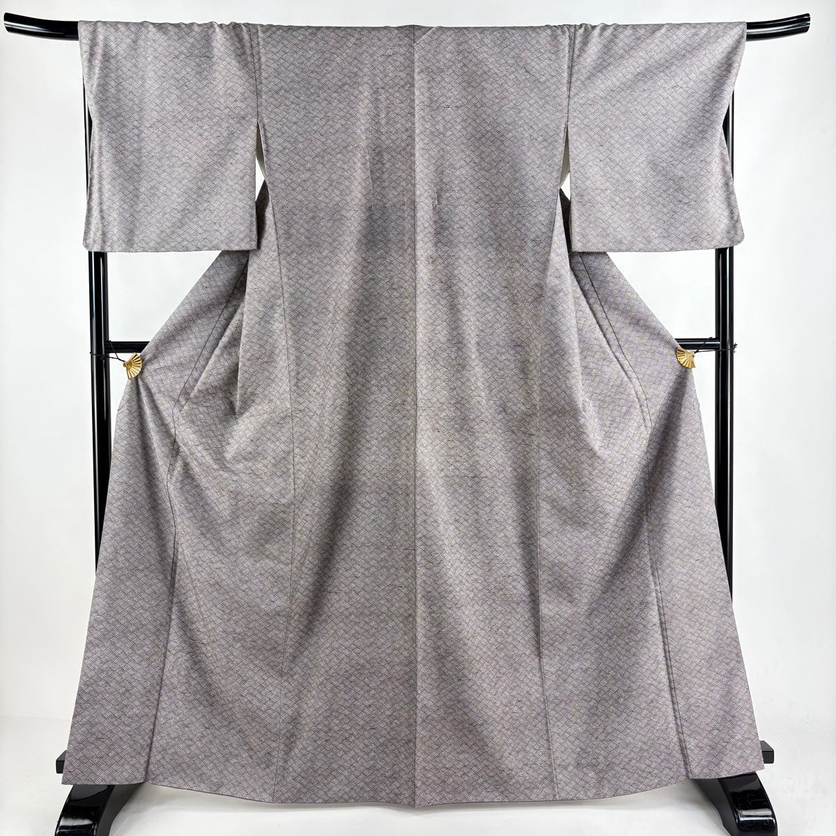 小紋 身丈165cm 裄丈64cm M 袷 紬地 名古屋帯セット 花唐草 紫