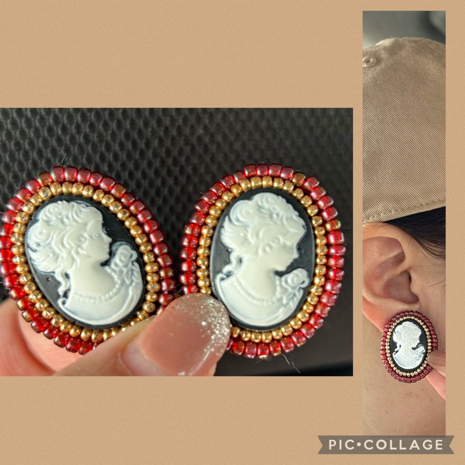 ✽大ぶり✽ビーズ刺繍カボション☆ワインマーブル×ゴールド  