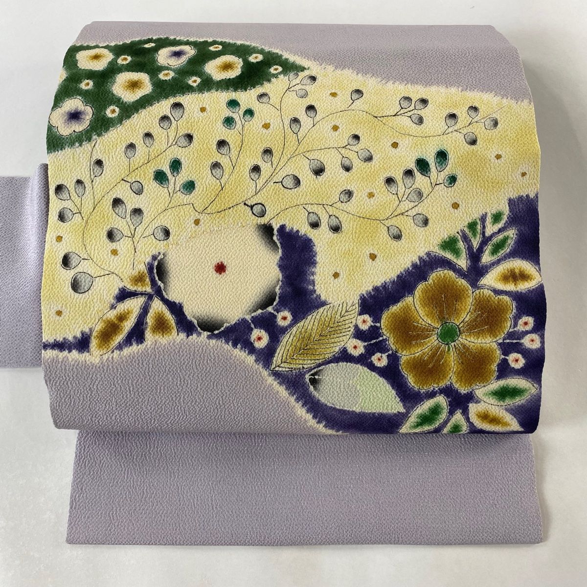 専用ページ縮緬 名古屋帯 正絹 素敵な花 九寸U-6505 専用ページ縮緬