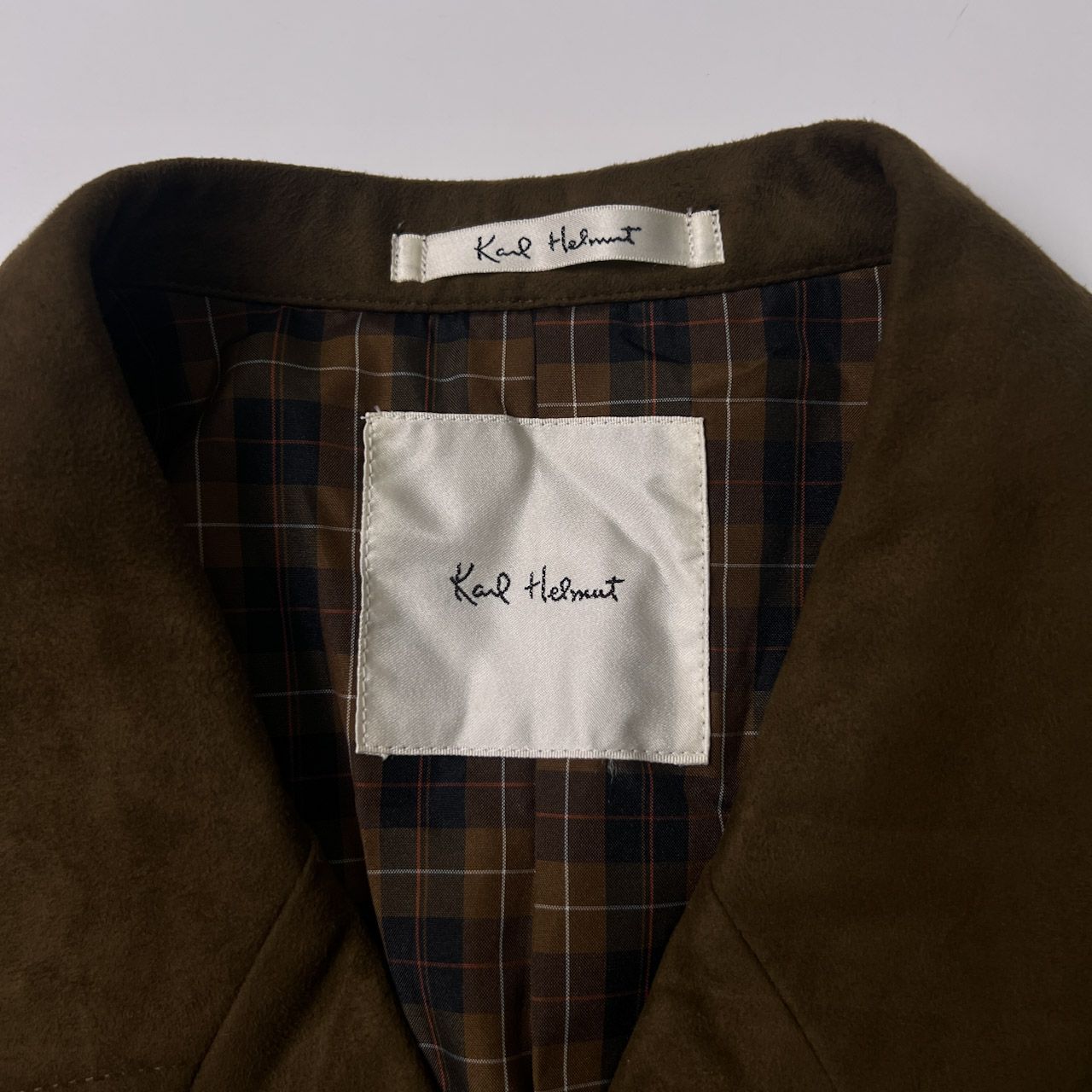 Karl Helmut カールヘルム 裏チェック スエード カバーオール ジャケット&ベスト L/ブラウン/フェイクレザー Karl Helmut カールヘルム 裏チェック スエード カバーオール