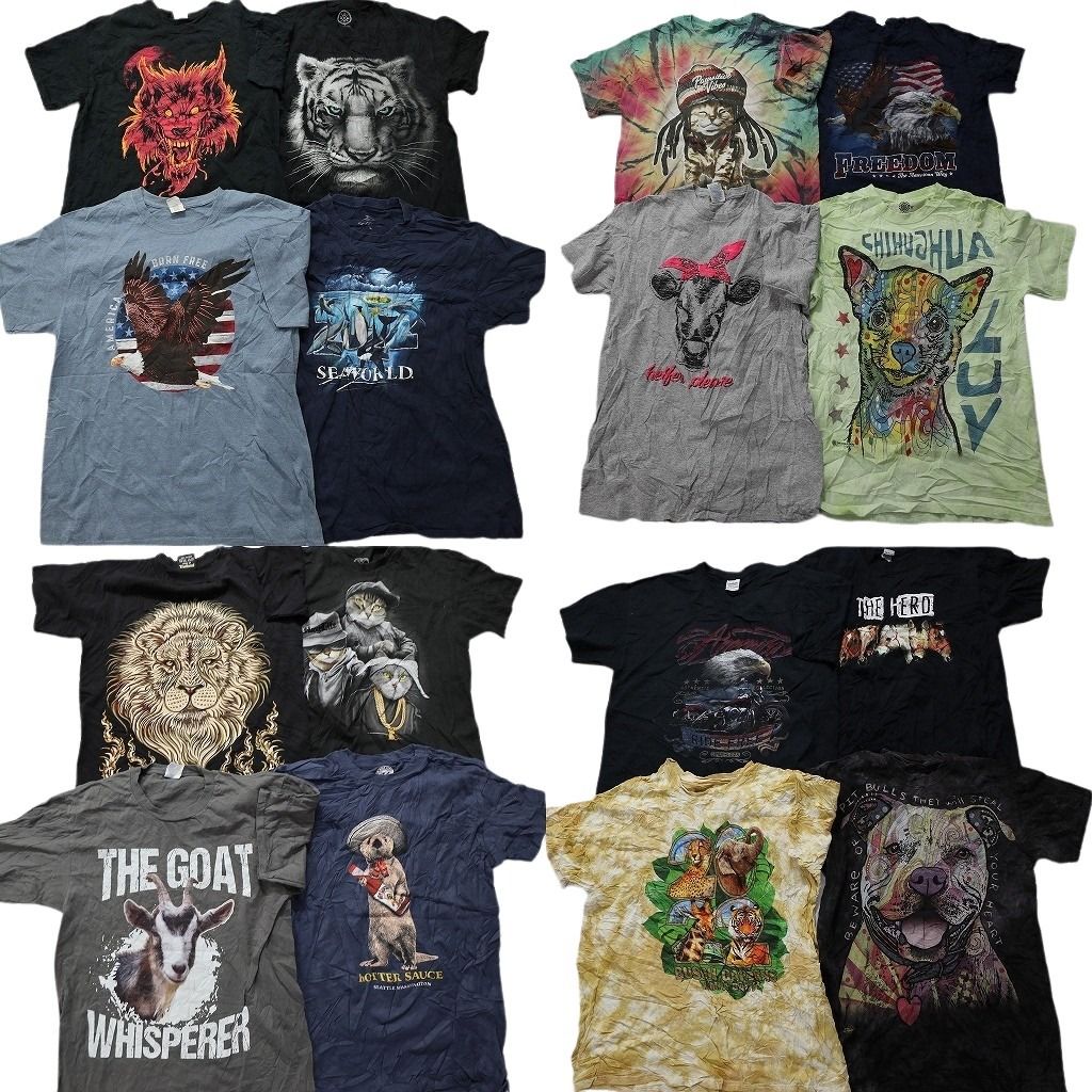 古着卸 まとめ売り アニマル 動物 半袖Tシャツ 16枚セット (メンズ M /L ) 大判プリント タイダイ柄 犬 ネコ タイガー  古着 MZ1885
