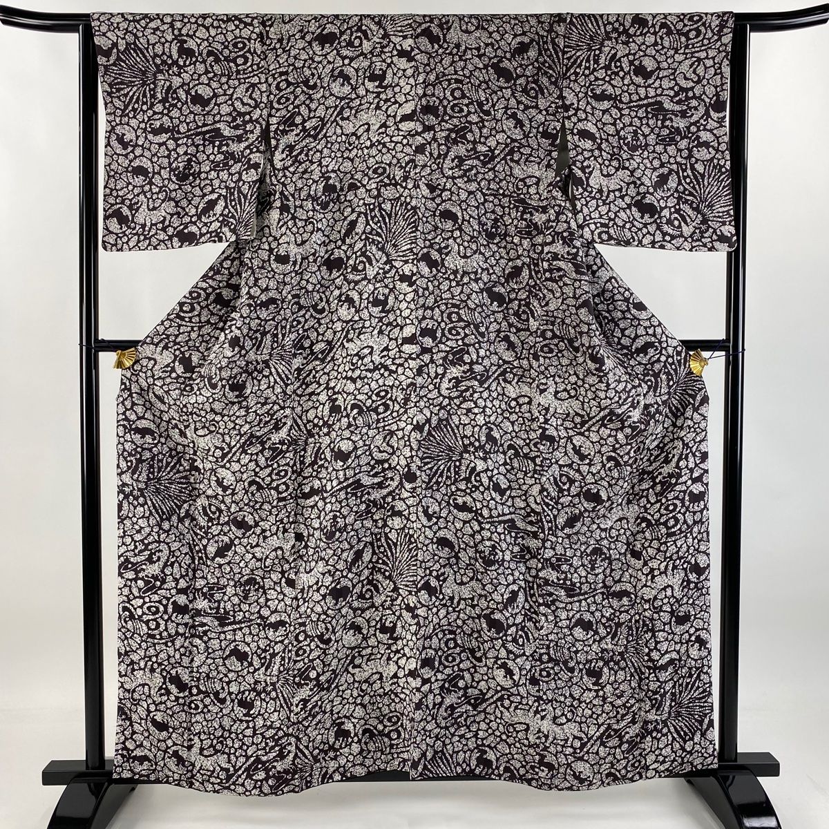 小紋 身丈158.5cm 裄丈65cm M 袷 動物 鳥 焦茶色 正絹 美品 名品 【】