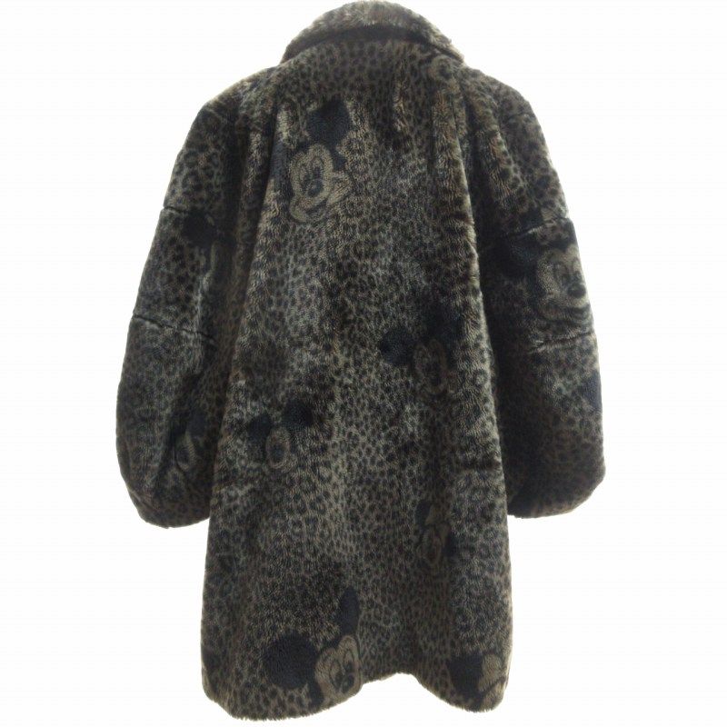 超激安価格で大放出！ アピアランス Apparence × ディズニー Disney 激 80s ヴィンテージ フェイクファーコート ジャケット ボア ボリューム袖 総柄 レオパード柄 ミッキー×ミニー ロング 茶×黒 ブラウン×ブラック 約Mサイズ 0728 コスパが良い