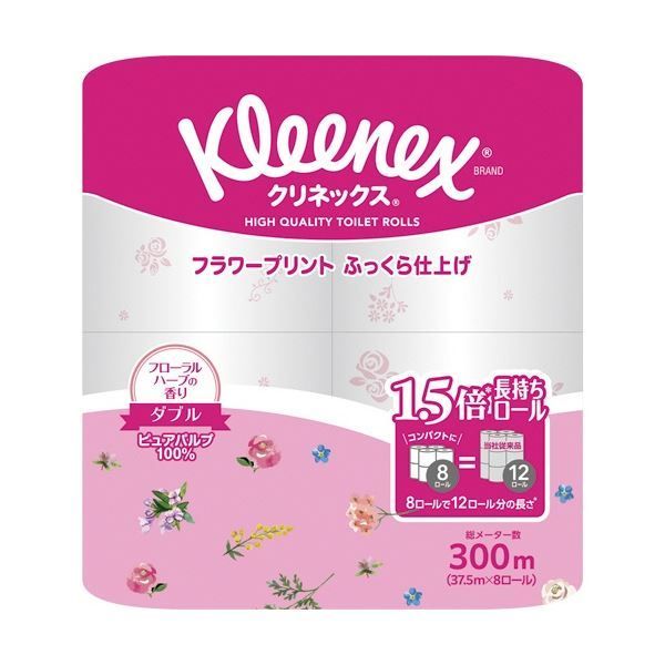 まとめ 日本製紙クレシア クリネックス コンパクト フラワープリント ダブル 芯あり 37.5m 香り付き 1パック 8ロール ×20セット