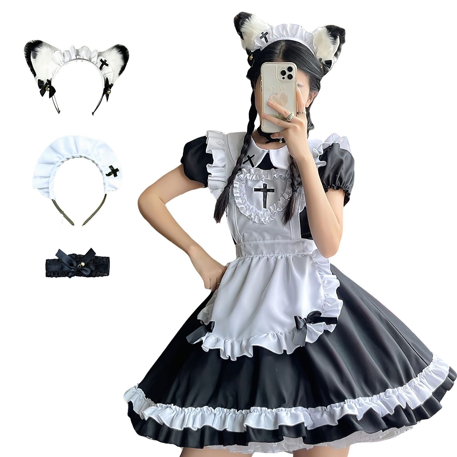 【新着商品】ゴスロリ 5点豪華なセット 制服 猫耳 かわいい カチューシャ コンカフェ 衣装 エッチ ロリータ 可愛い服 アリス セクシー ロリータファッション 姫洋服 メイド喫茶 コスプレ カフェ仮装 maid cosplay メイド服 cute sexy