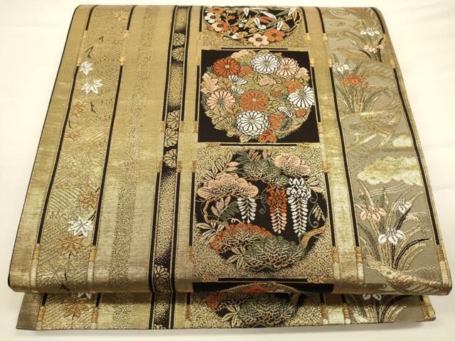 平和屋着物◎六通柄袋帯 唐織 花丸文 黒地 金糸 正絹 逸品