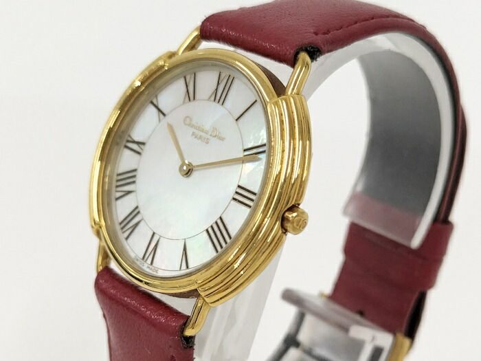 【本日のどっきりセール】 Christian Dior レディース 腕時計 クオーツ SS GP レザー レッド シェル文字盤 社外ベルト 最大75％ ＯＦＦ。