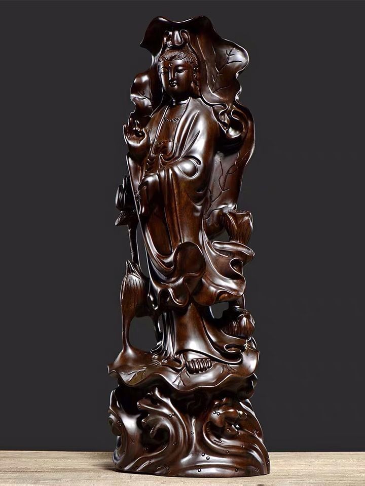 高品質☆木彫仏像 仏教美術 精密細工 木彫り 黒檀木 観音菩薩像 仏像