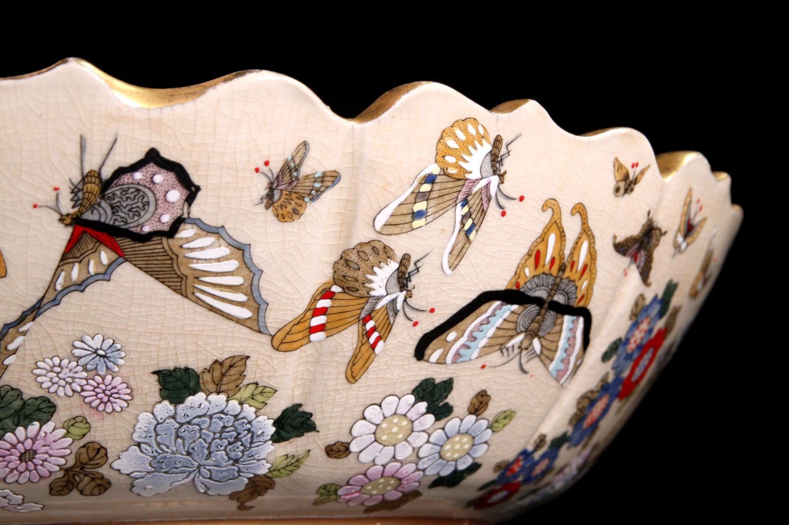 薩摩焼 金襴手 群鶴花鳥図鉢 40cm 箱付 唐物 骨董 古美術 楾