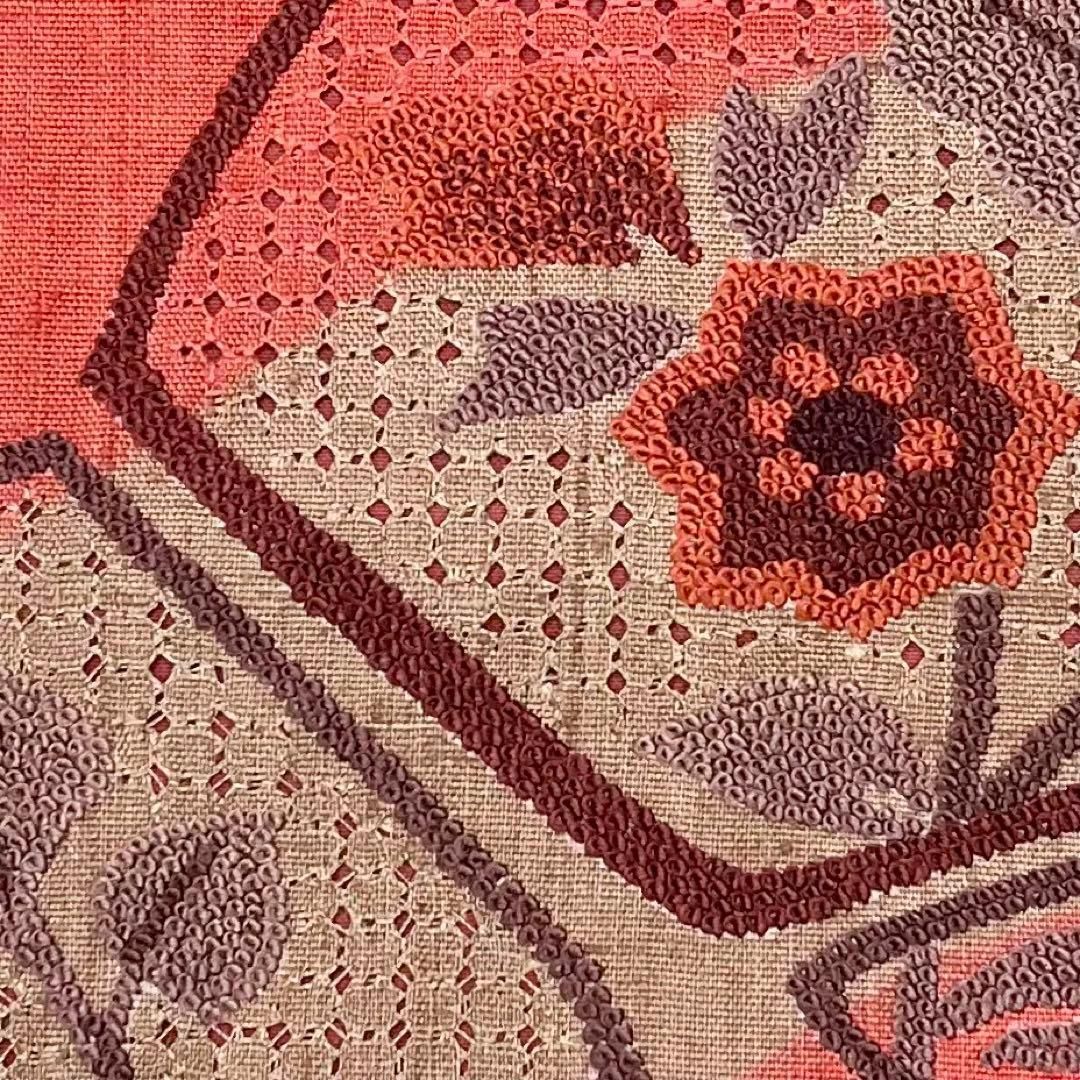 名古屋帯 相良刺繍 汕頭刺繍 抽象花草模様 紬 弁柄色 O-4120 名古屋帯 相良刺繍 汕頭刺繍 抽象花草模様 紬 弁柄色 O-4120