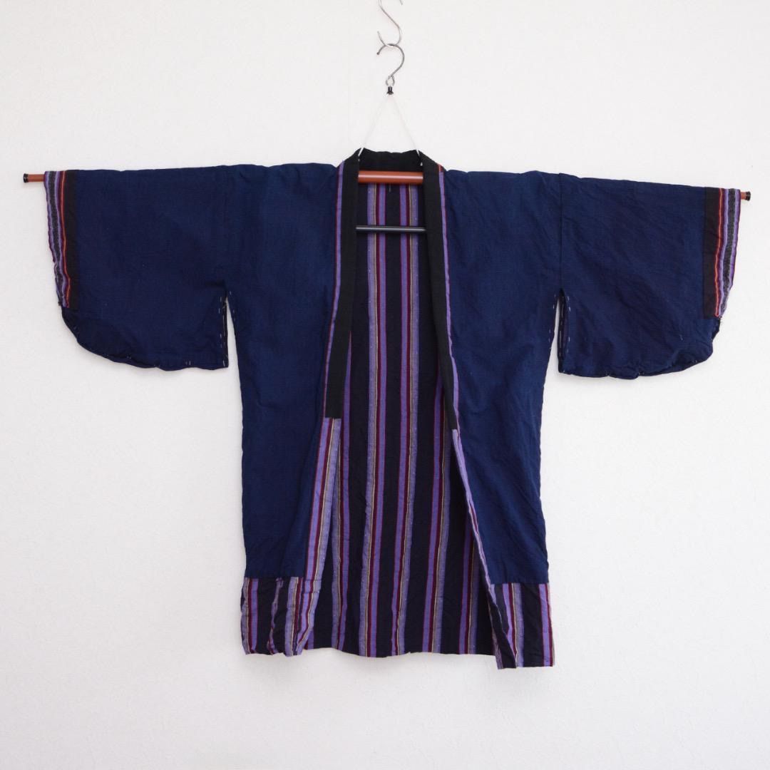 藍染 野良着 ジャケット｜縞模様 裏地あり｜古布 リメイク 素材にも Indigo-Dyed Striped Noragi Workwear Jacket – Vintage Japanese Lined Cotton Fabric for Remake