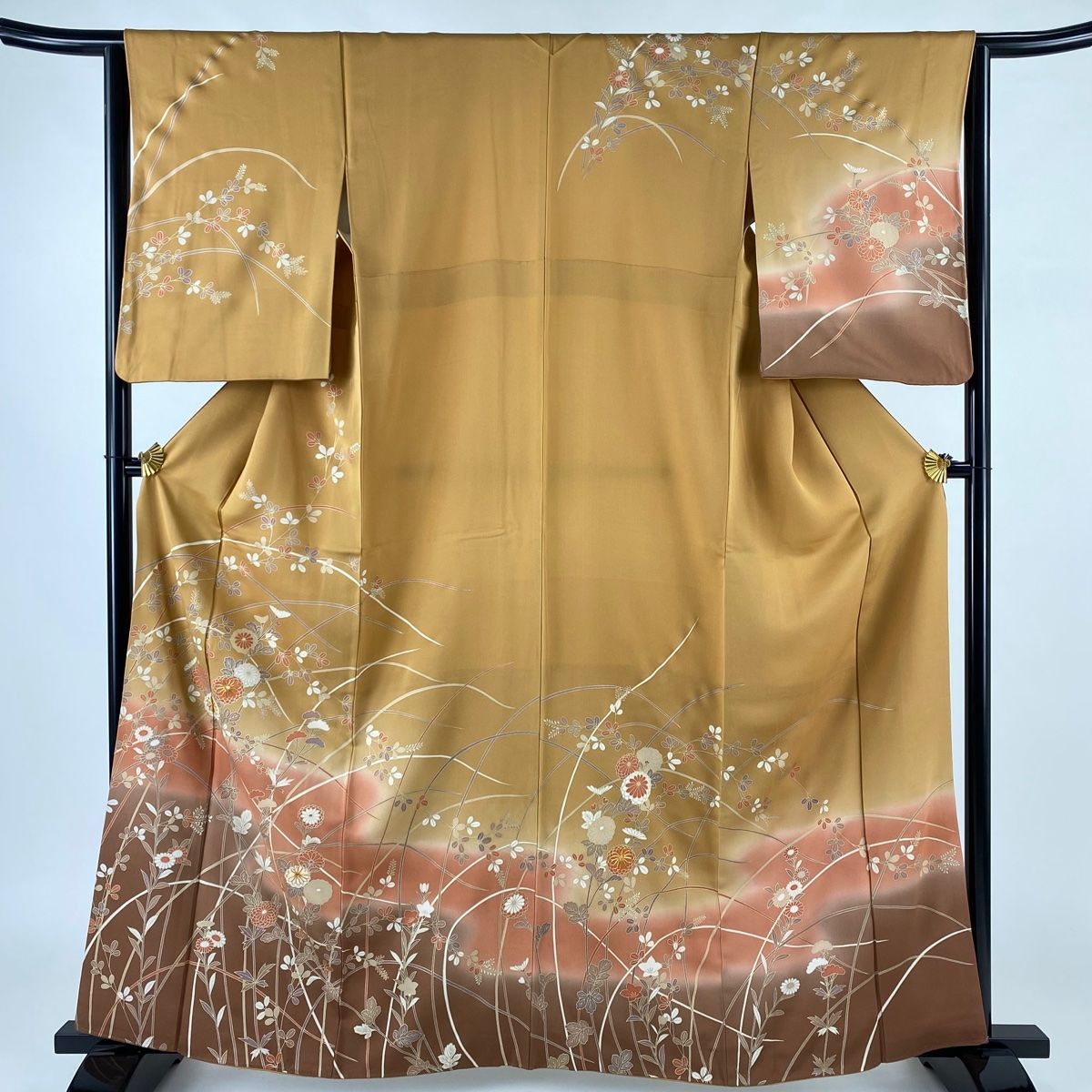 半幅帯 美品 名品 縞 幾何学 山吹茶色 正絹 中古 訪問着 身丈162cm 裄丈64cm M 袷 菊 萩 金糸 金彩 山吹茶色 正絹