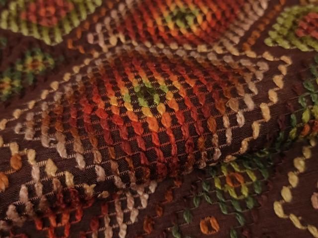 平和屋本店□極上 本場琉球 読谷山花織 紬地 九寸名古屋帯 濃葡萄茶色  