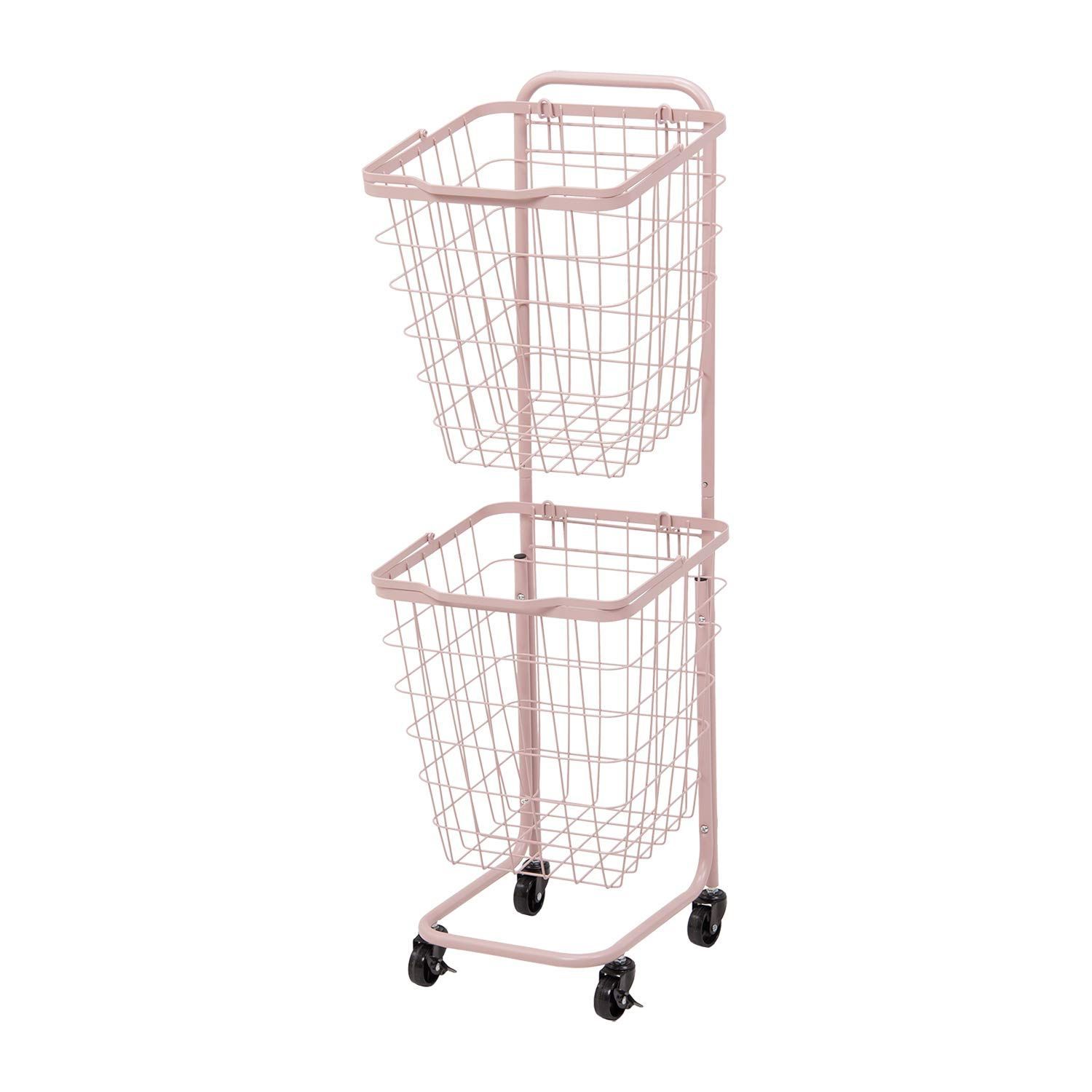 Color ピンク 萩原 Hagihara ランドリーラック バスケット 脱衣 洗濯物 かご 2段 取り外し 積み重ねOK 大容量 ランドリーワゴン ワイヤー キャスター付 ピンク KR-3970PI