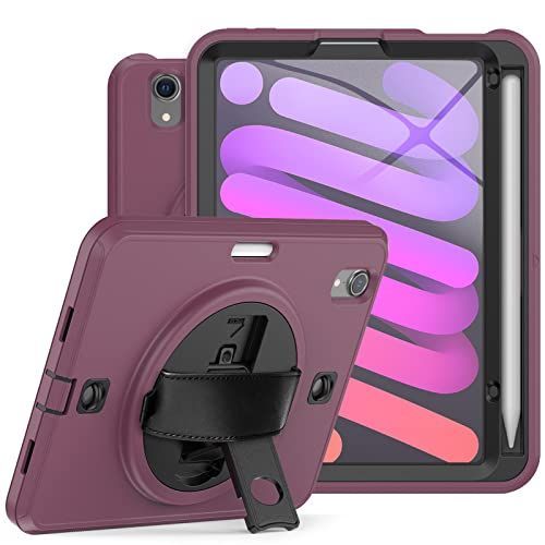 iPad mini6（2021）_深ローズ+黒 横置き ?置きiPad mini 6 ケース 第6世代 2021 新型 mini 8.3インチケース Apple Pencil収納 耐衝撃 PC ショルダー ベルト 斜め掛け 360回転 ベルト スタンド ハン