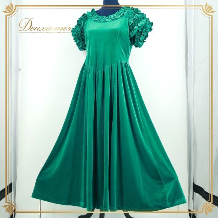 フラダンス 衣装 ワンピース ドレス グリーン系 フラ ダンス 無地 ベロア 光沢 シンプル フリル 鮮やか 華やか 緑 ハワイアン アロハ 上品 高級感 かわいい