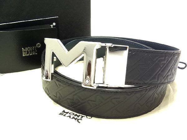 ■新品■未使用■ MONTBLANC モンブラン レザー Mバックル リバーシブル ベルト ビジネス 紳士 メンズ ブラック系×ネイビー系 AL2081
