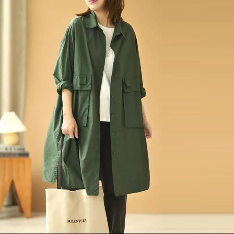 前開き ロングジャケット レディース 長袖シャツ シャツジャケット 長袖 シンプル 襟付き ポケット付き ジャケット スリット ロングシャツ 羽織り 送料無料 体型カバー ゆったり カジュアル おし cjfj143615