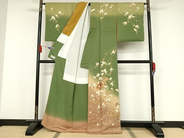 平和屋着物○訪問着 駒刺繍 流水扇花蝶文 暈し染め 金彩 やまと