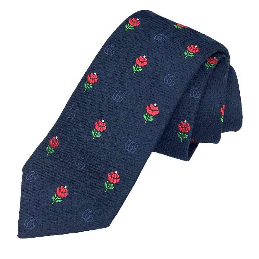 GUCCI グッチ ネクタイ GG フラワー 花 シルク ネイビー aq11566