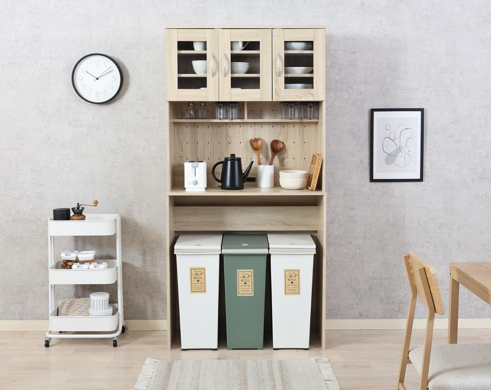 ゴミ箱上キャビネット 90幅 オークWH/オーク インキャビネットWH 組立  