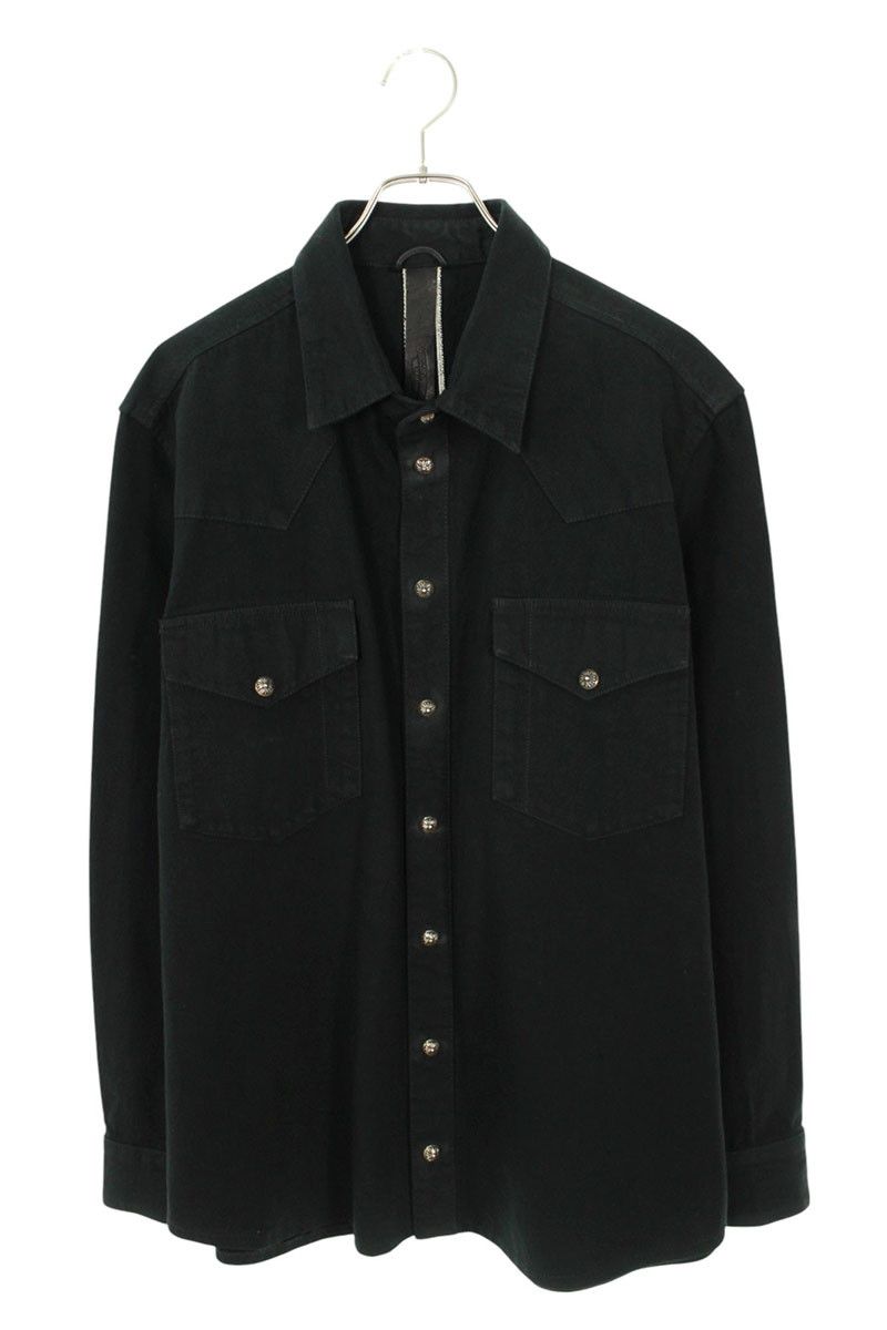 クロムハーツ サイズ:L バッククロスパッチロングデニム長袖シャツ 中古 GZ11 クロムハーツ DENIM WESTERN O/デニムウエスタン 袖クロスパッチ