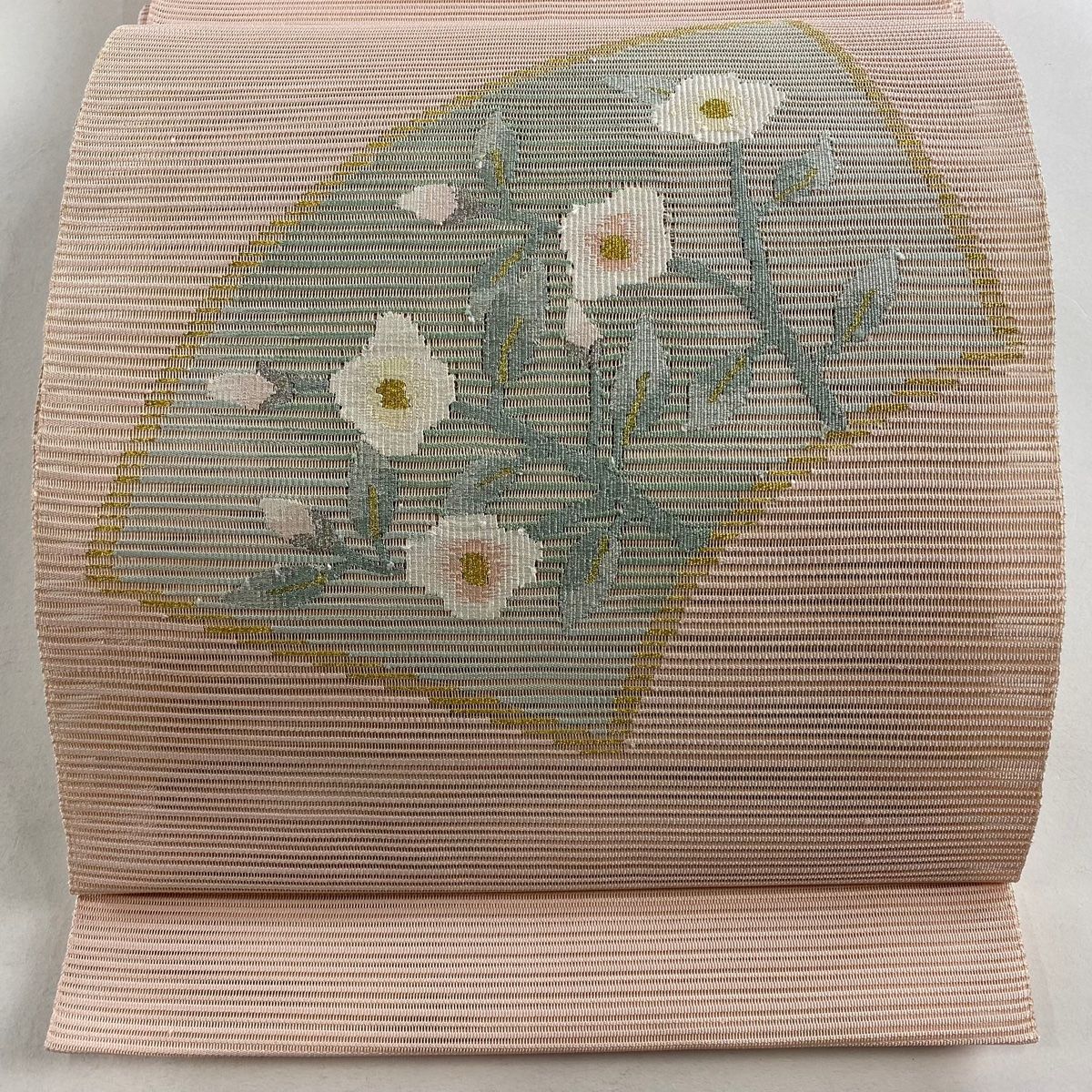 名古屋帯 秀品 夏帯 絽 八寸名古屋帯 松葉仕立て トンネル仕立て 草花 扇面 金銀糸 ピンク 正絹