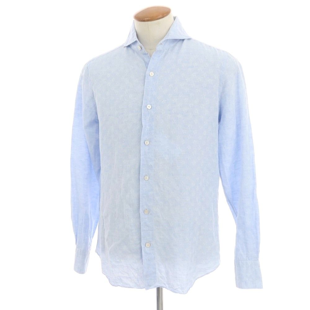 【美品】フィナモレ　ホリゾンタルカラーリネン長袖シャツ　M ネイビー　イタリア製 美品】フィナモレ ホリゾンタルカラーリネン長袖シャツ M ネイビー