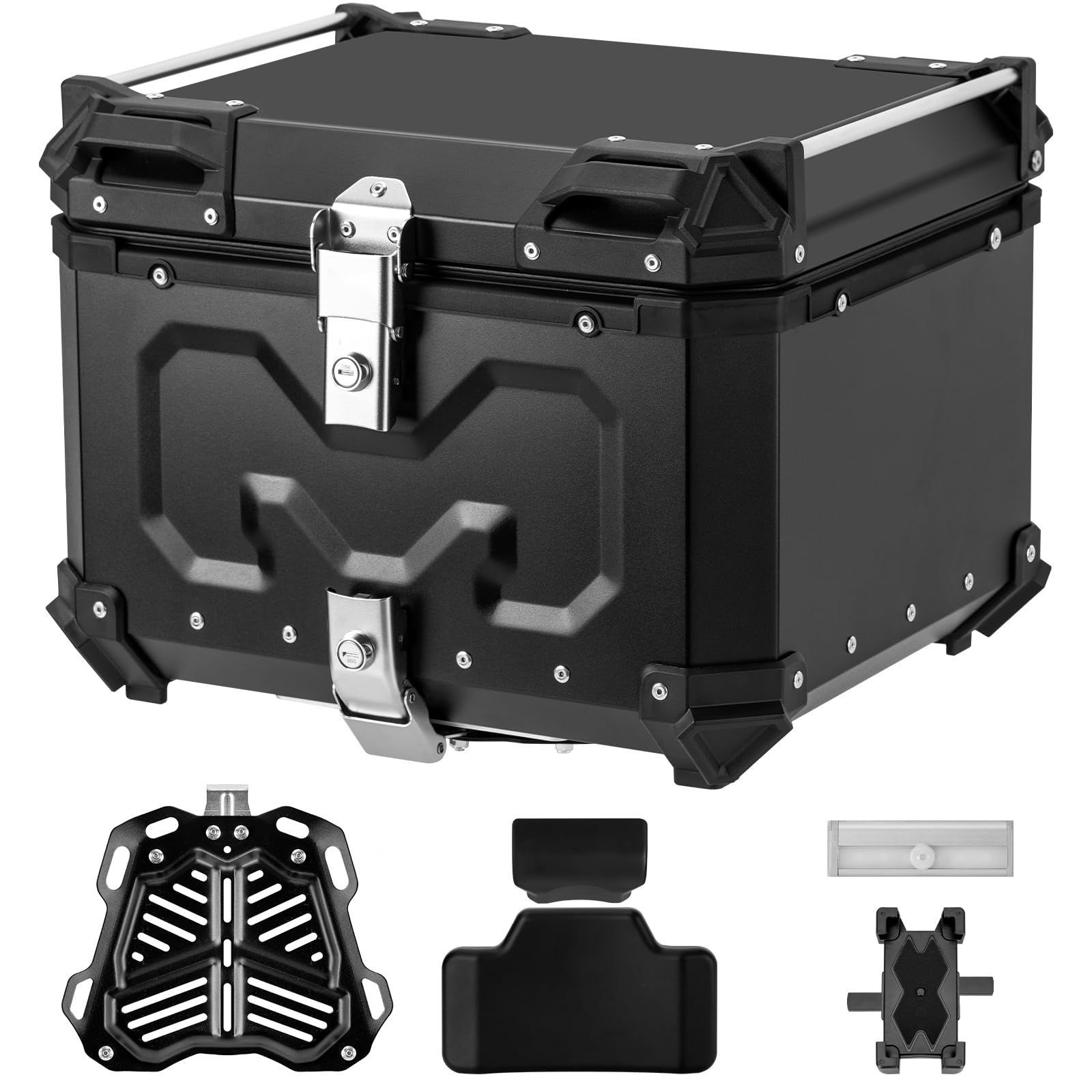 バイク リアボックス バイク用 55L大容量 トップケース バイクボックス オートバイボックス モノキーケース アルミ合金製 四角 取り付けベース付き 着脱簡単 軽量 防犯対策 汎用 IP68防水 耐衝撃 キャンプ 通勤 デリバリーなど対応