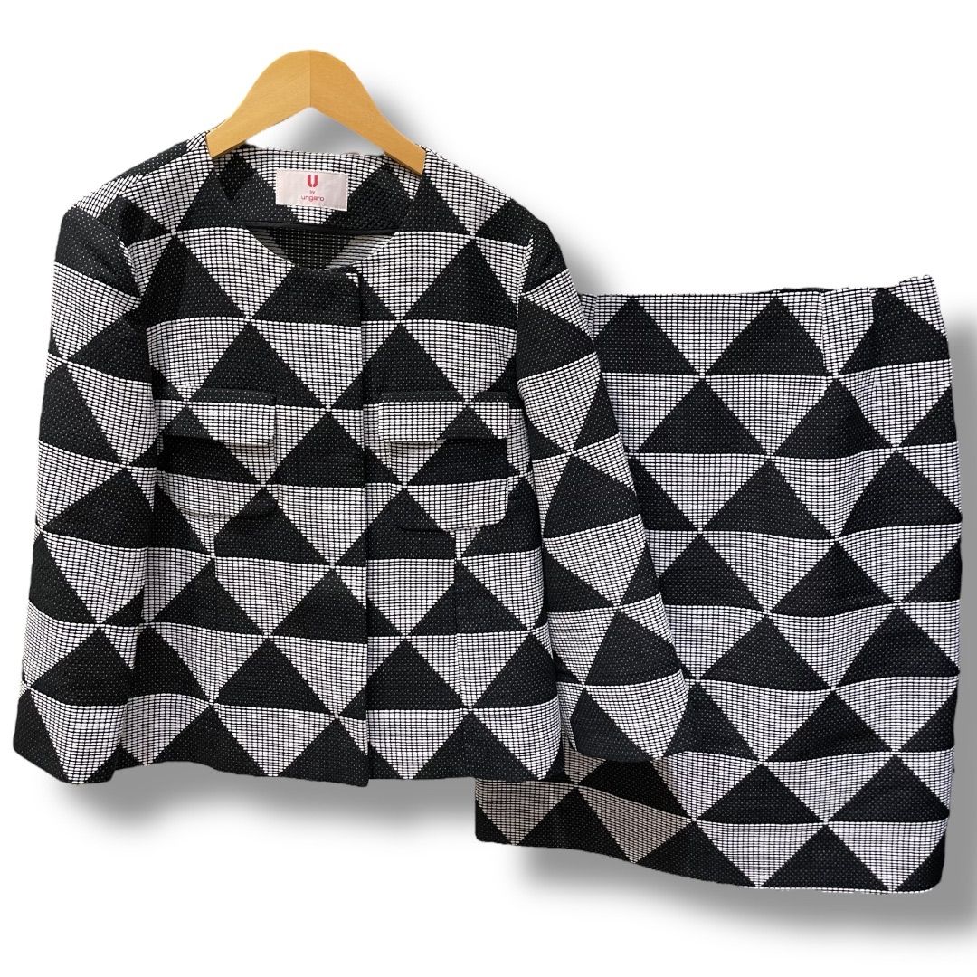 ● U by ungaro ユーバイウンガロ パネル柄ノー ジャケットスカートセットアップ 幾何学模様 モノトーン 個性派 白 黒 Lサイズ レディース 夏 ゴーゴー古着セントラルパーク名古屋店No.504
