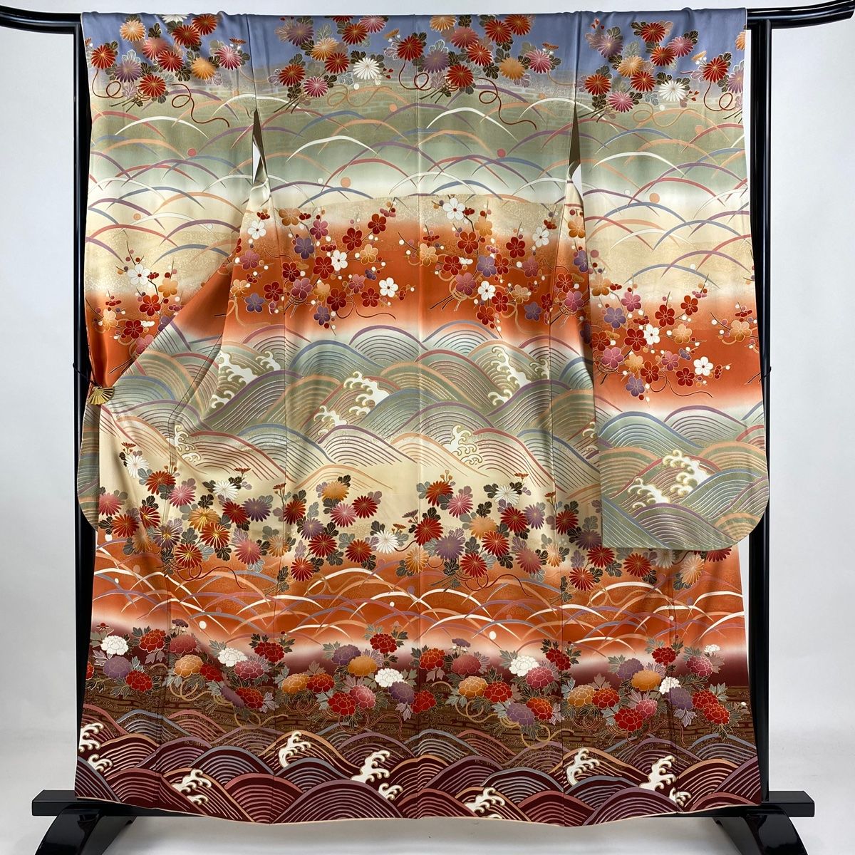 振袖 身丈159cm 裄丈64cm M 袷 花束 露芝 金糸 金彩 オレンジ 正絹 名品