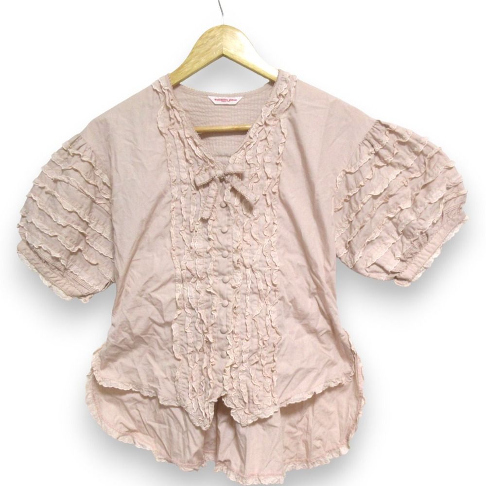 WONDERFUL WORLD ワンダフルワールド リボン レース フリル 半袖 ブラウス カットソー ピンク レディース 古着