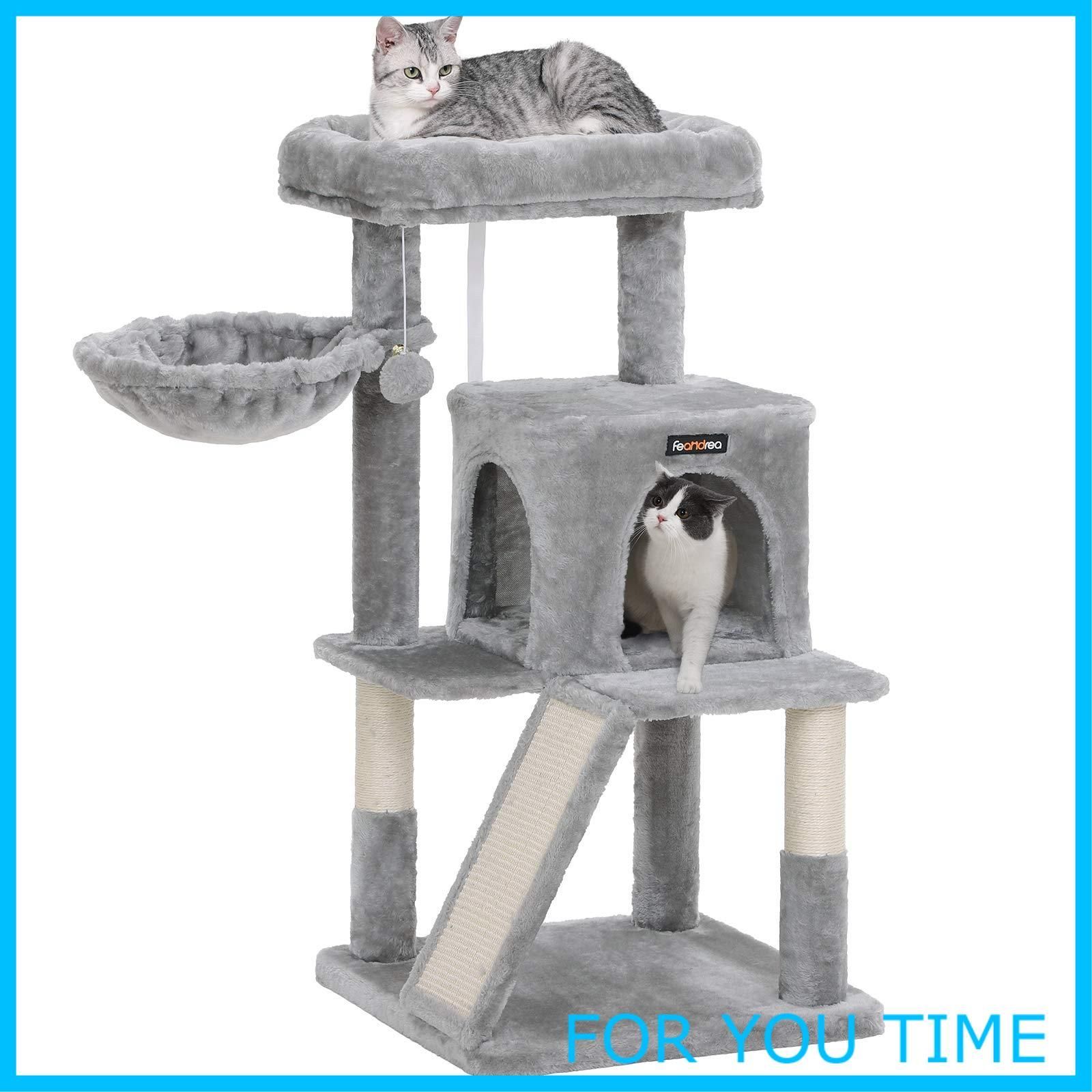 FEANDREA キャットタワー 大型猫 ハンモック耐荷重10KG 天然サイザル 広いハウスと多頭飼い 安定性 96CM PCT51W