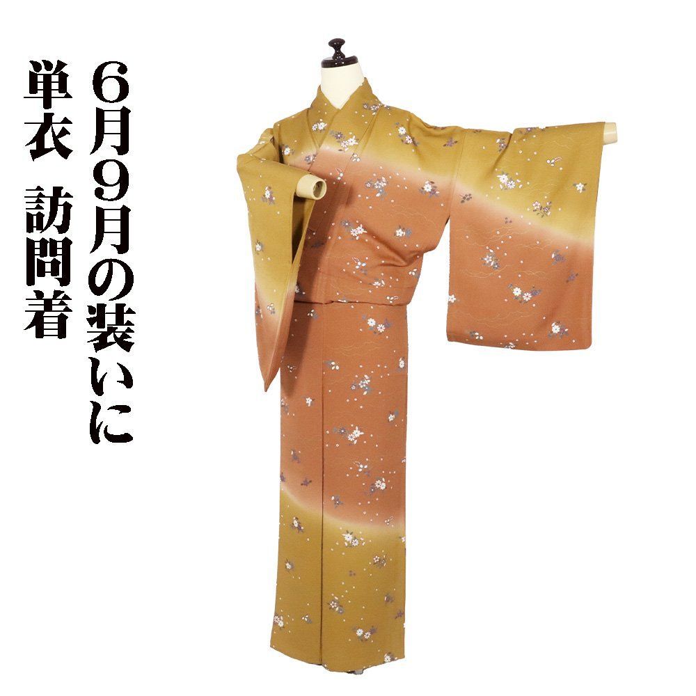 単衣 訪問着 正絹 赤茶 抹茶色 暈し 菊 桔梗 桜 13号 Mサイズ ki30657 ひとえ ほうもんぎ 夏着物 レディース フォーマル み